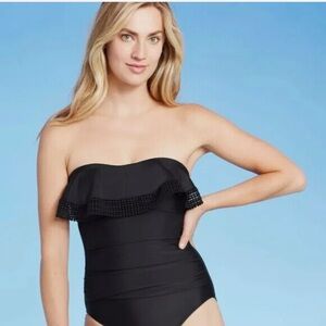 Kona Sol Bandeau One Piece Swimsuit Crochet Flounce Black Size L